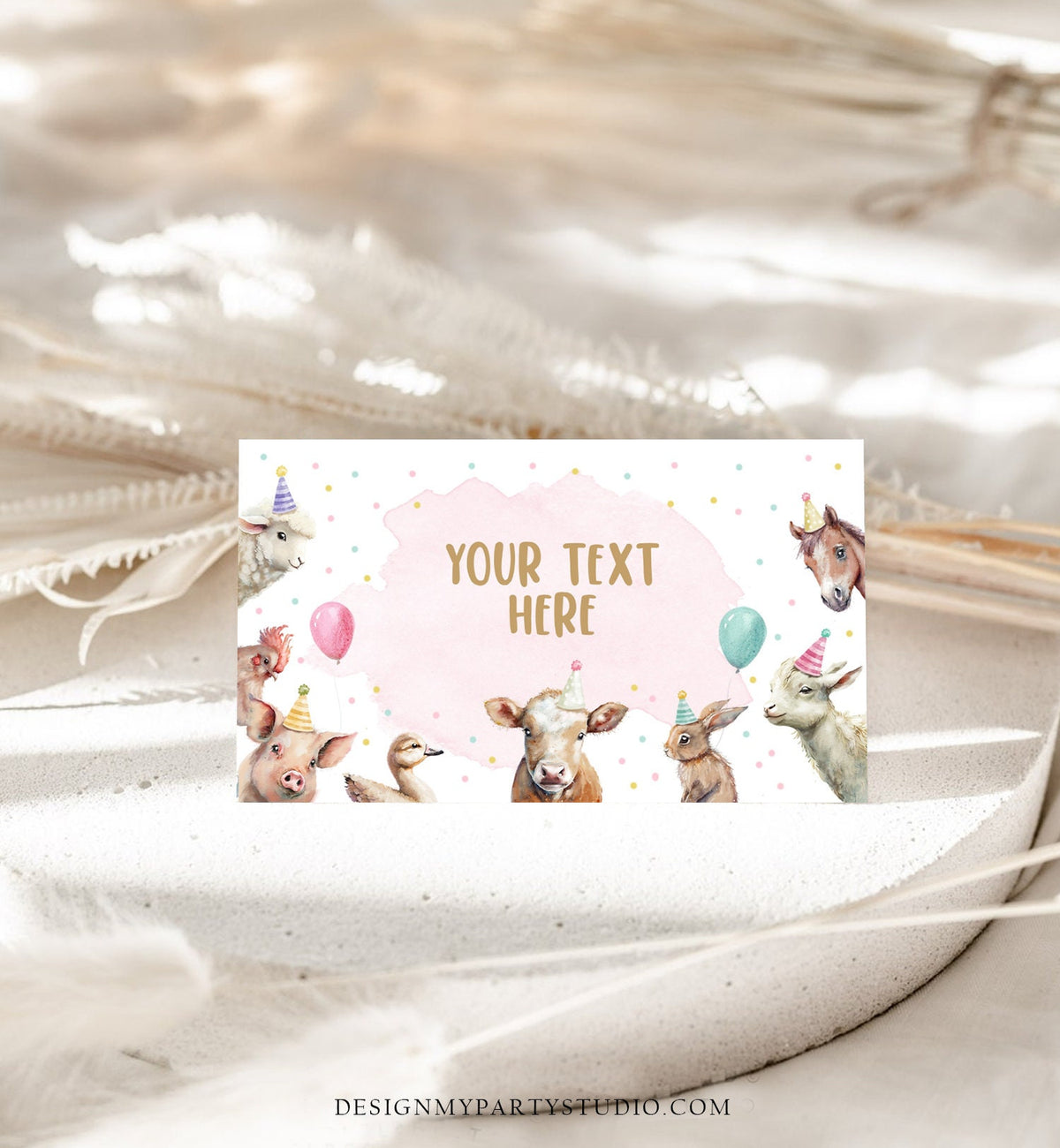 Editable Farm Animals Food Label Barnyard Birthday Name Place Tent Card Girl Pink Farm Cow Buffet Party Animals Template Printable 0448