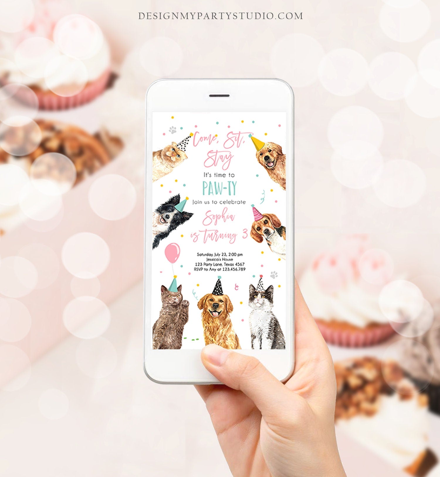 Editable Cats and Dogs Birthday Evite Cat Dog Birthday Party Invite Girl Kitten Puppy Pawty Download Electronic Phone Template Corjl 0384