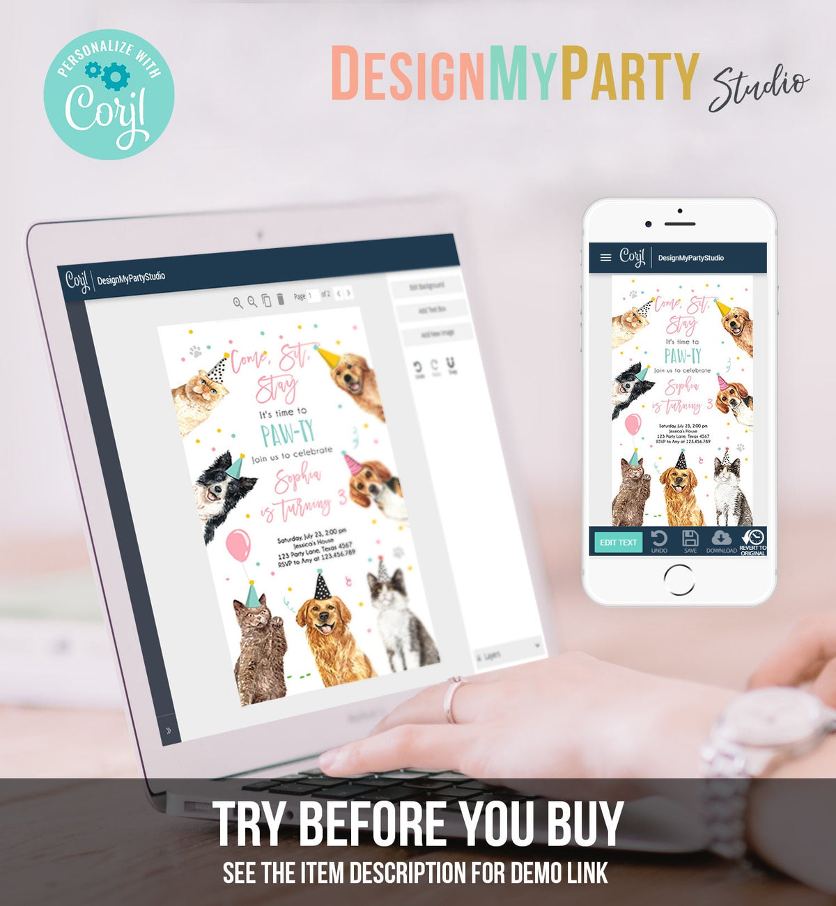 Editable Cats and Dogs Birthday Evite Cat Dog Birthday Party Invite Girl Kitten Puppy Pawty Download Electronic Phone Template Corjl 0384