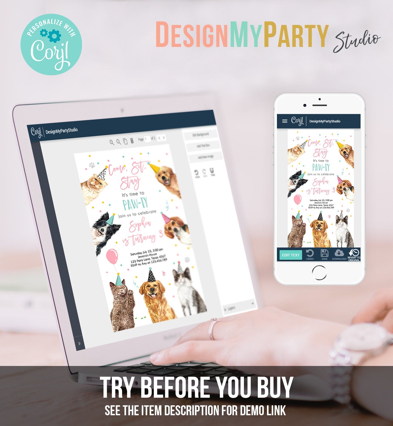 Editable Cats and Dogs Birthday Evite Cat Dog Birthday Party Invite Girl Kitten Puppy Pawty Download Electronic Phone Template Corjl 0384