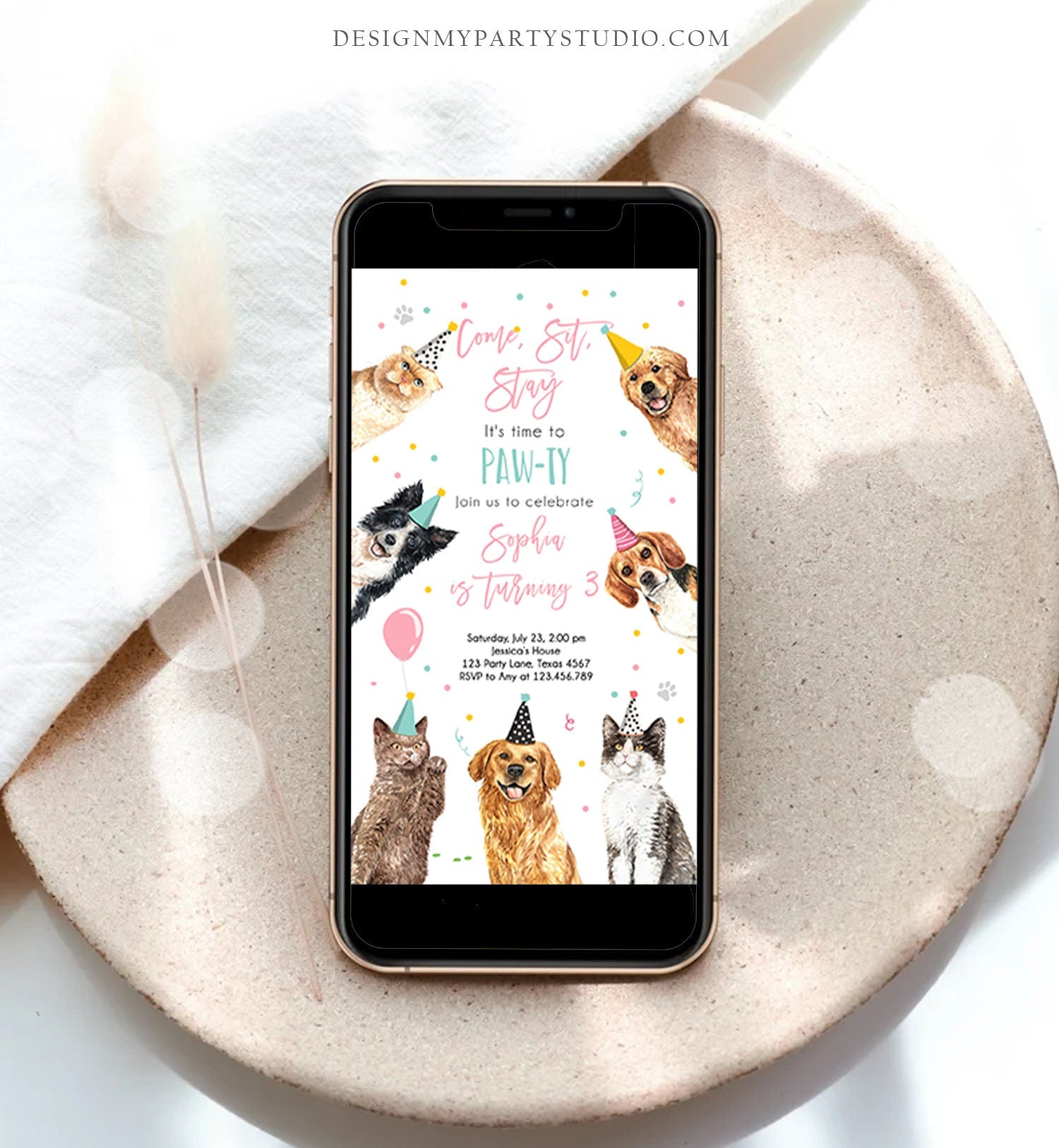 Editable Cats and Dogs Birthday Evite Cat Dog Birthday Party Invite Girl Kitten Puppy Pawty Download Electronic Phone Template Corjl 0384