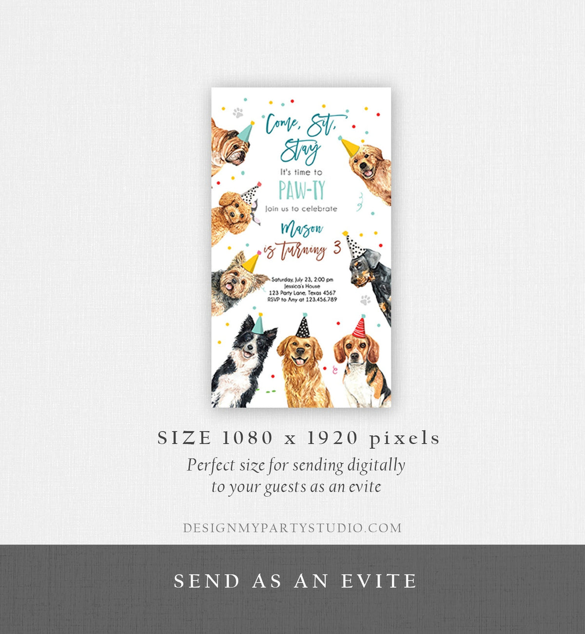 Editable Dog Birthday Party Evite Puppy Birthday Boys Blue Doggy Shelter Animal Pet Vet Phone Electronic Digital Download Template 0384