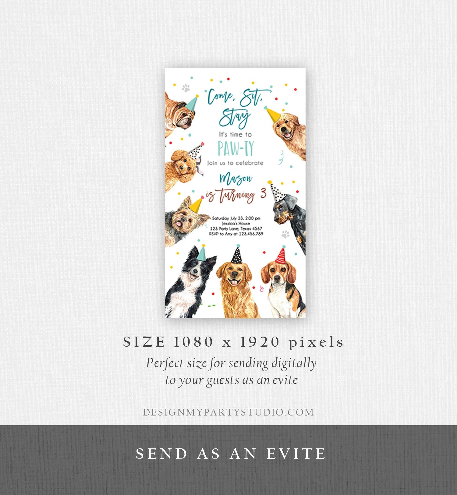 Editable Dog Birthday Party Evite Puppy Birthday Boys Blue Doggy Shelter Animal Pet Vet Phone Electronic Digital Download Template 0384