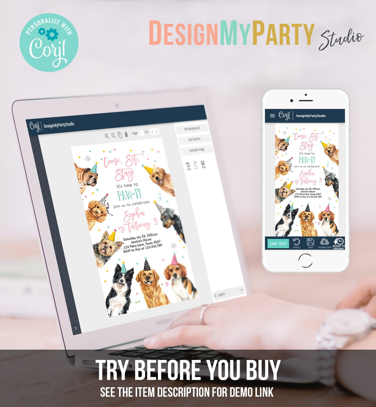 Editable Dog Birthday Party Evite Puppy Birthday Invite Girl Pink Doggy Shelter Animal Pet Vet Download Phone Electronic Template Corjl 0384