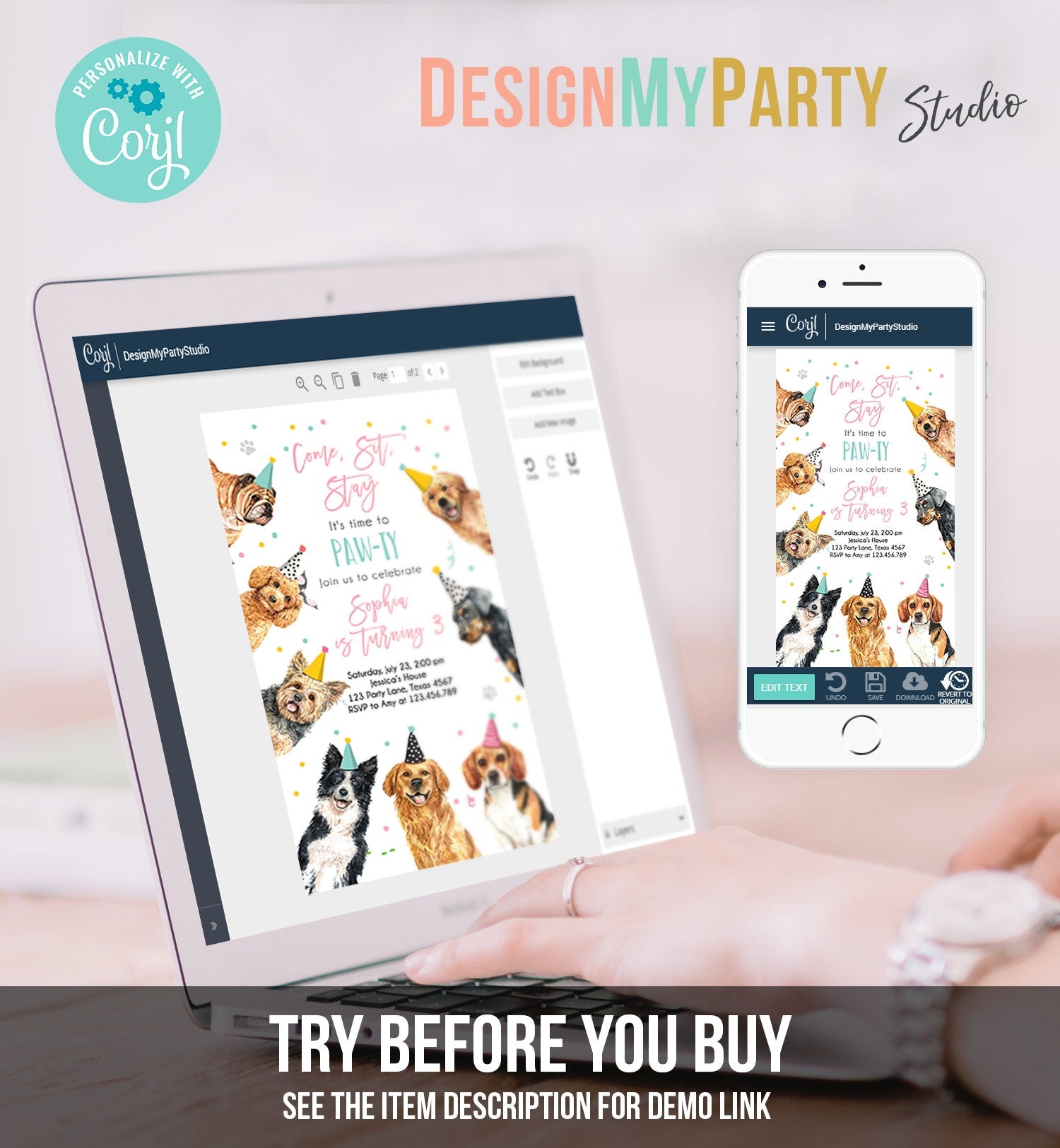 Editable Dog Birthday Party Evite Puppy Birthday Invite Girl Pink Doggy Shelter Animal Pet Vet Download Phone Electronic Template Corjl 0384