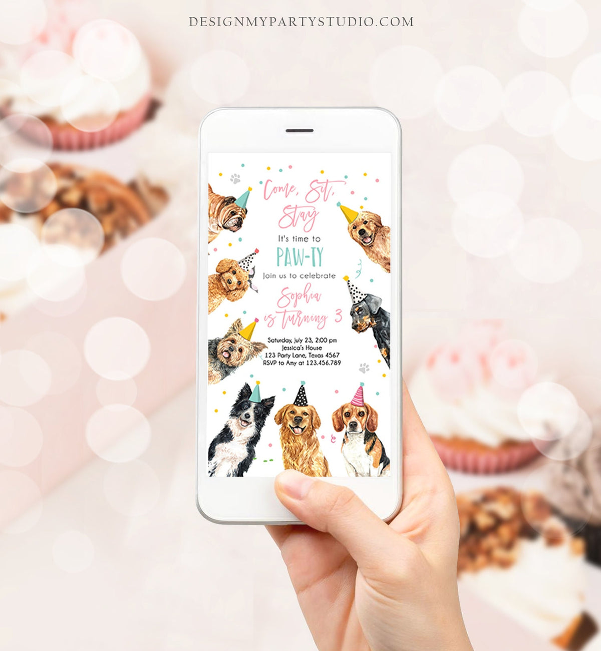 Editable Dog Birthday Party Evite Puppy Birthday Invite Girl Pink Doggy Shelter Animal Pet Vet Download Phone Electronic Template Corjl 0384