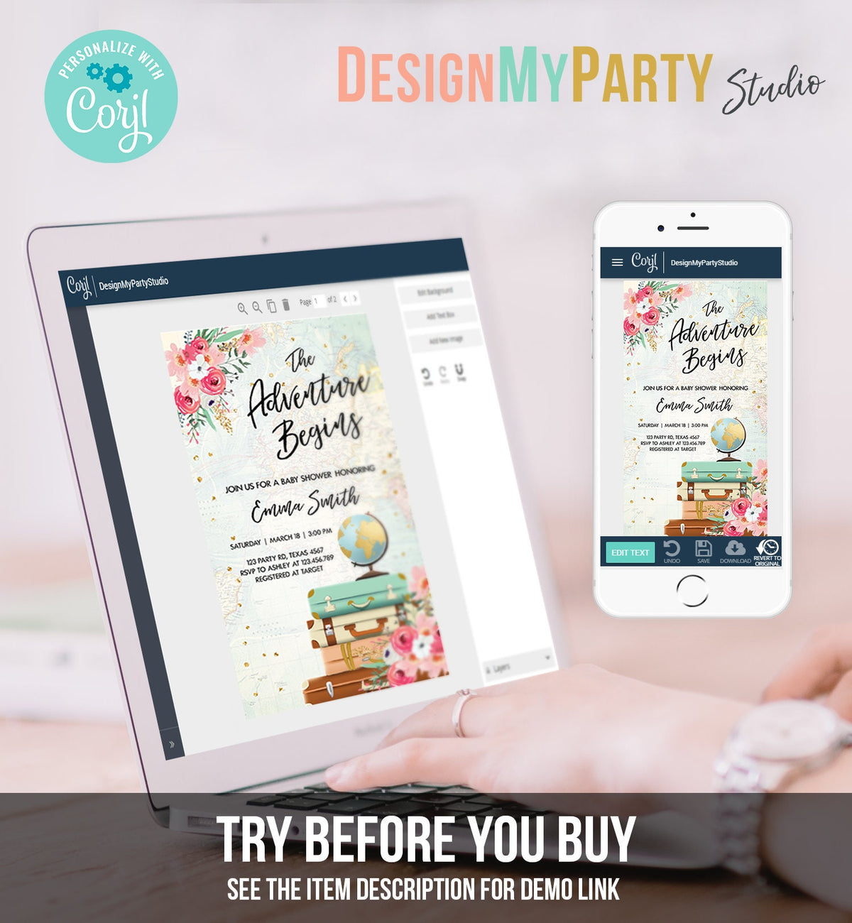 Editable The Adventure Begins Baby Shower Evite Pink Floral Gold Confetti Suitcases Travel Around World Phone Digital Evite Template 0030
