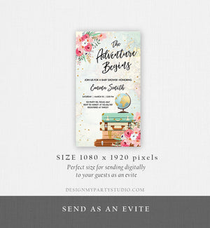 Editable The Adventure Begins Baby Shower Evite Pink Floral Gold Confetti Suitcases Travel Around World Phone Invitation Corjl Template 0030
