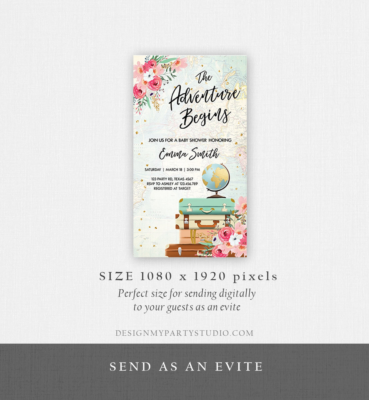 Editable The Adventure Begins Baby Shower Evite Pink Floral Gold Confetti Suitcases Travel Around World Phone Digital Evite Template 0030