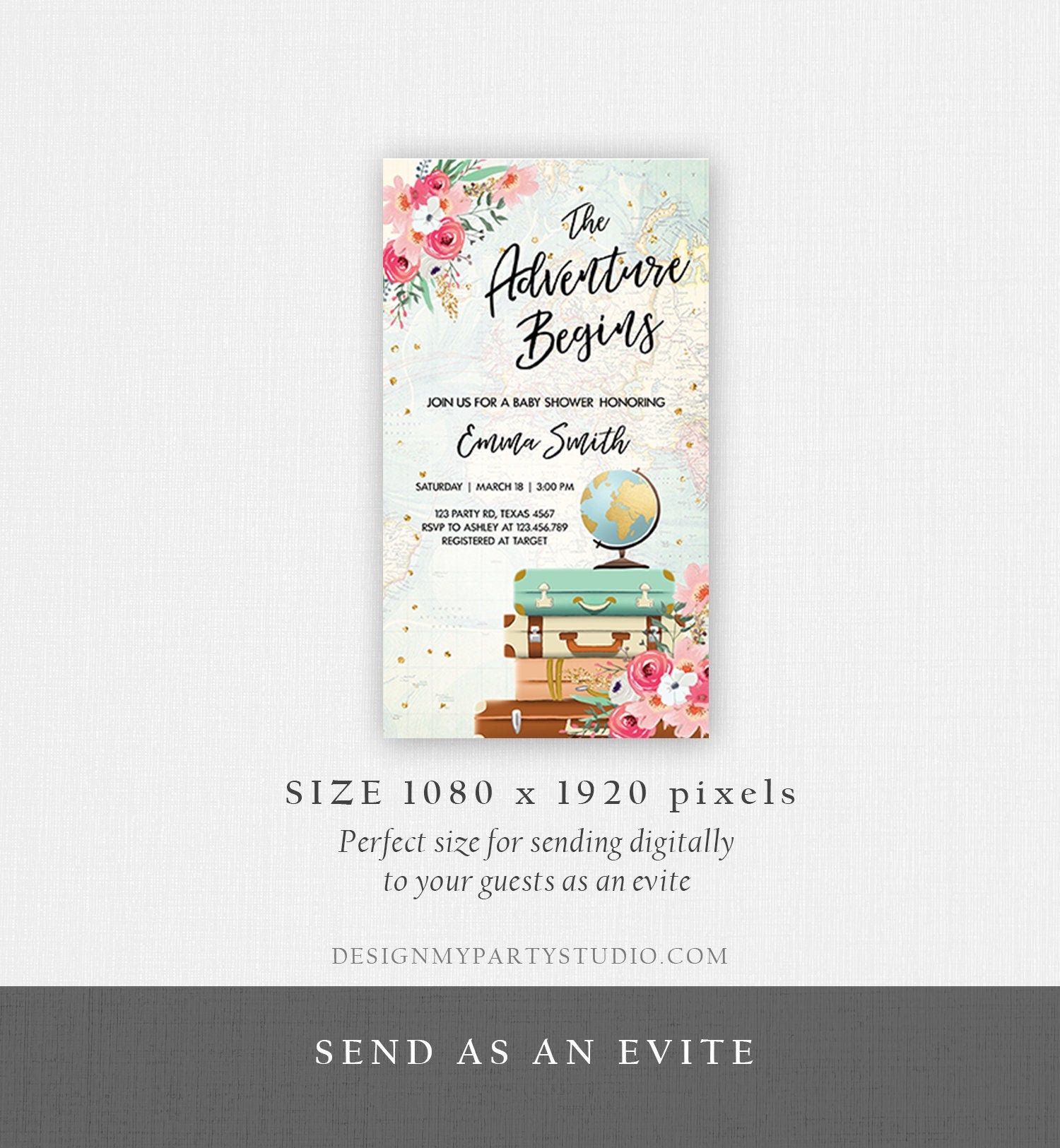 Editable The Adventure Begins Baby Shower Evite Pink Floral Gold Confetti Suitcases Travel Around World Phone Digital Evite Template 0030