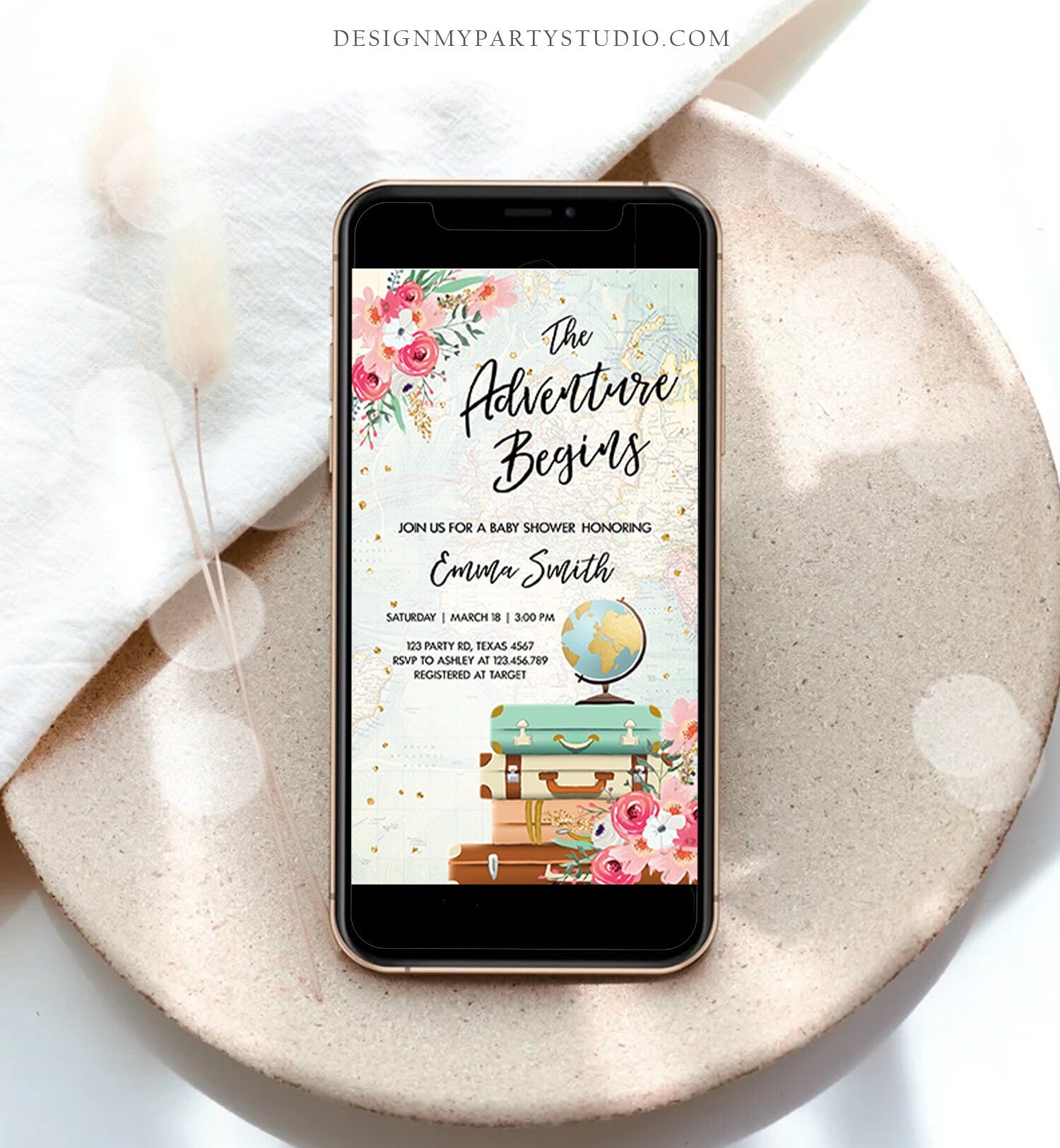 Editable The Adventure Begins Baby Shower Evite Pink Floral Gold Confetti Suitcases Travel Around World Phone Digital Evite Template 0030