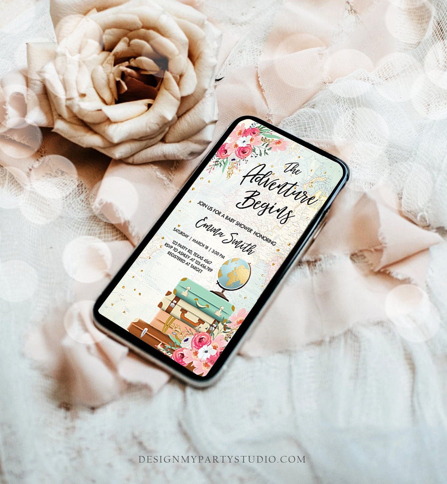 Editable The Adventure Begins Baby Shower Evite Pink Floral Gold Confetti Suitcases Travel Around World Phone Digital Evite Template 0030