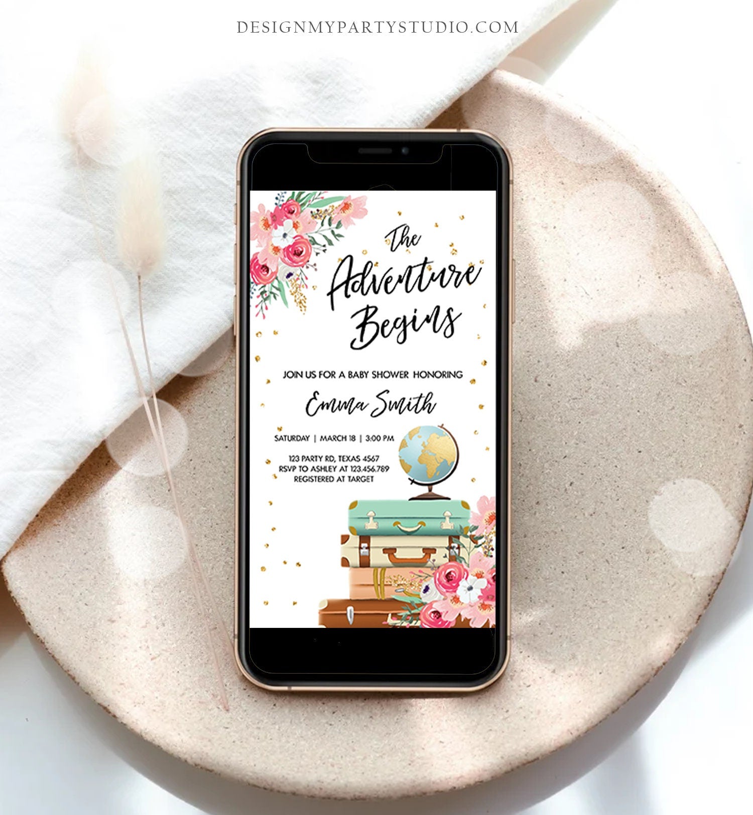 Editable The Adventure Begins Baby Shower Evite Pink Floral Gold Confetti Suitcases Travel Around World Phone Invitation Corjl Template 0030