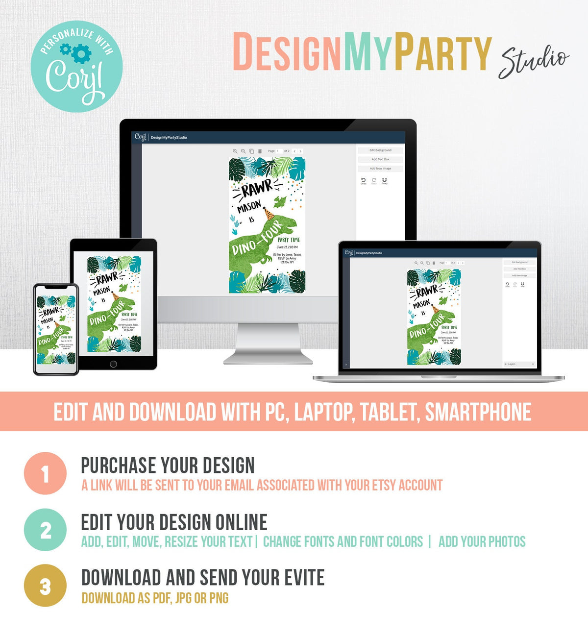 Editable Dino-Four Dinosaur Birthday Evite Dino T-Rex 4th Birthday Invitation Fourth Boy Green Prehistoric Phone Digital Corjl Template 0389