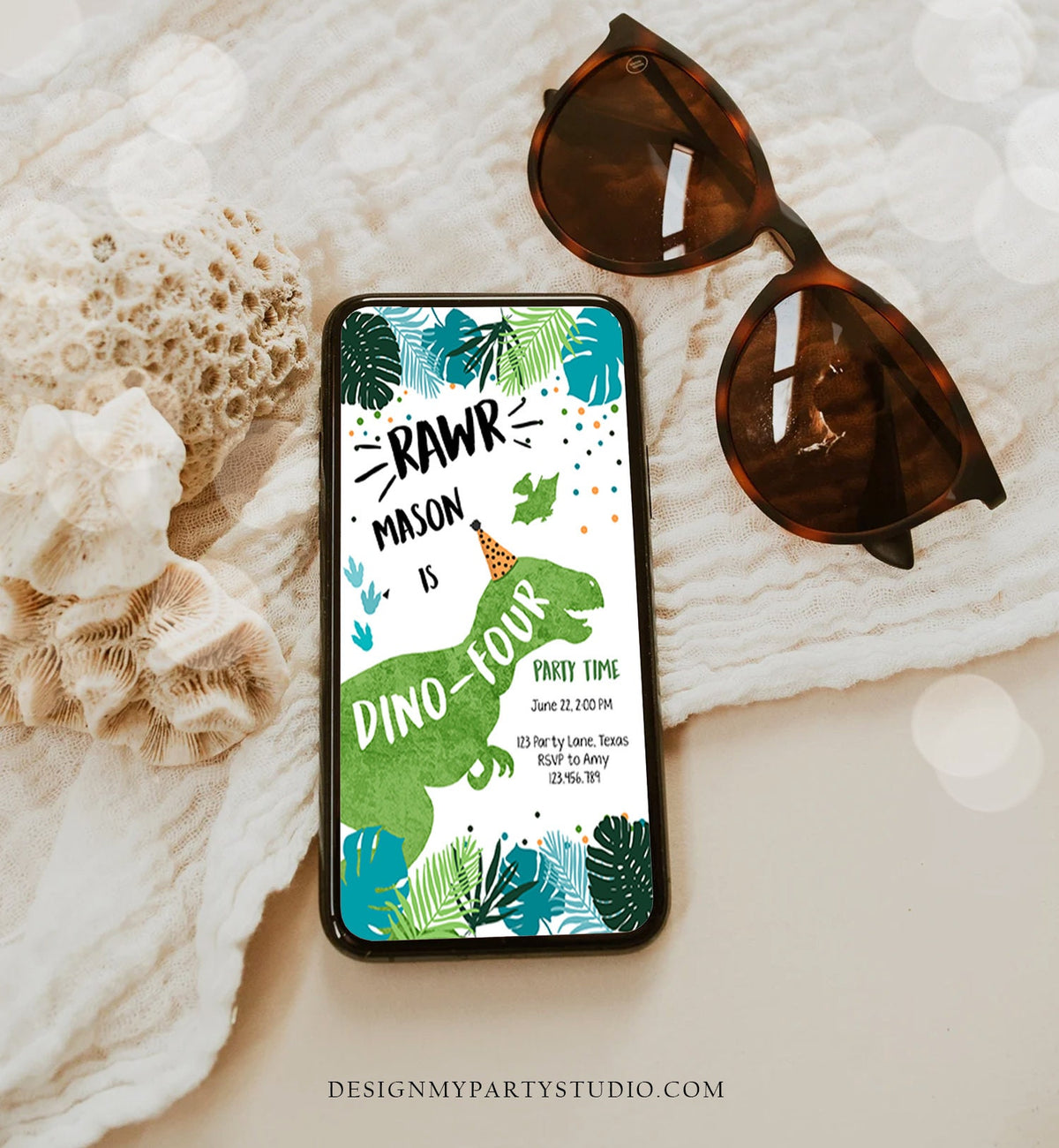 Editable Dino-Four Dinosaur Birthday Evite Dino T-Rex 4th Birthday Invitation Fourth Boy Green Prehistoric Phone Digital Corjl Template 0389