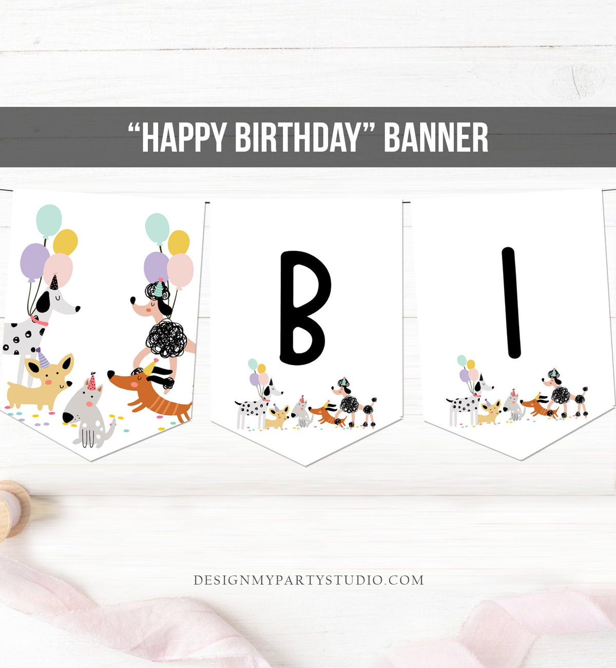Happy Birthday Banner Dog Birthday Banner Puppy Pawty Girl Decor Animal Pet Vet Puppy Party Dogs 1st Instant Digital Download Printable 0429