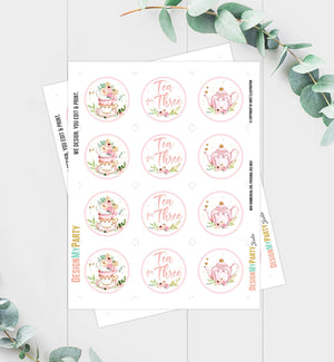 Tea Party Cupcake Toppers Tea 3rd Birthday Cupcake Toppers Favor Tag Girl Tea For Three Floral Pink Gold Download Digital PRINTABLE 0349