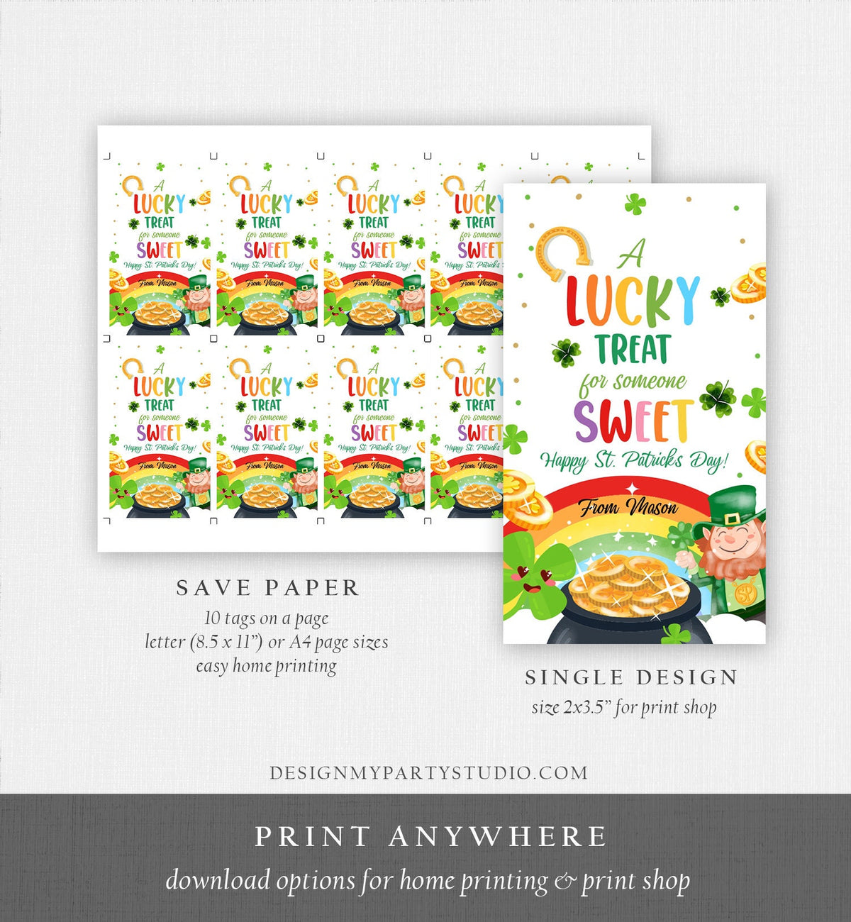 Editable St. Patrick&#39;s Day Tag Lucky Treat for Someone Sweet Friend School Classroom Gift Classmate Shamrock Digital Template Printable 0451