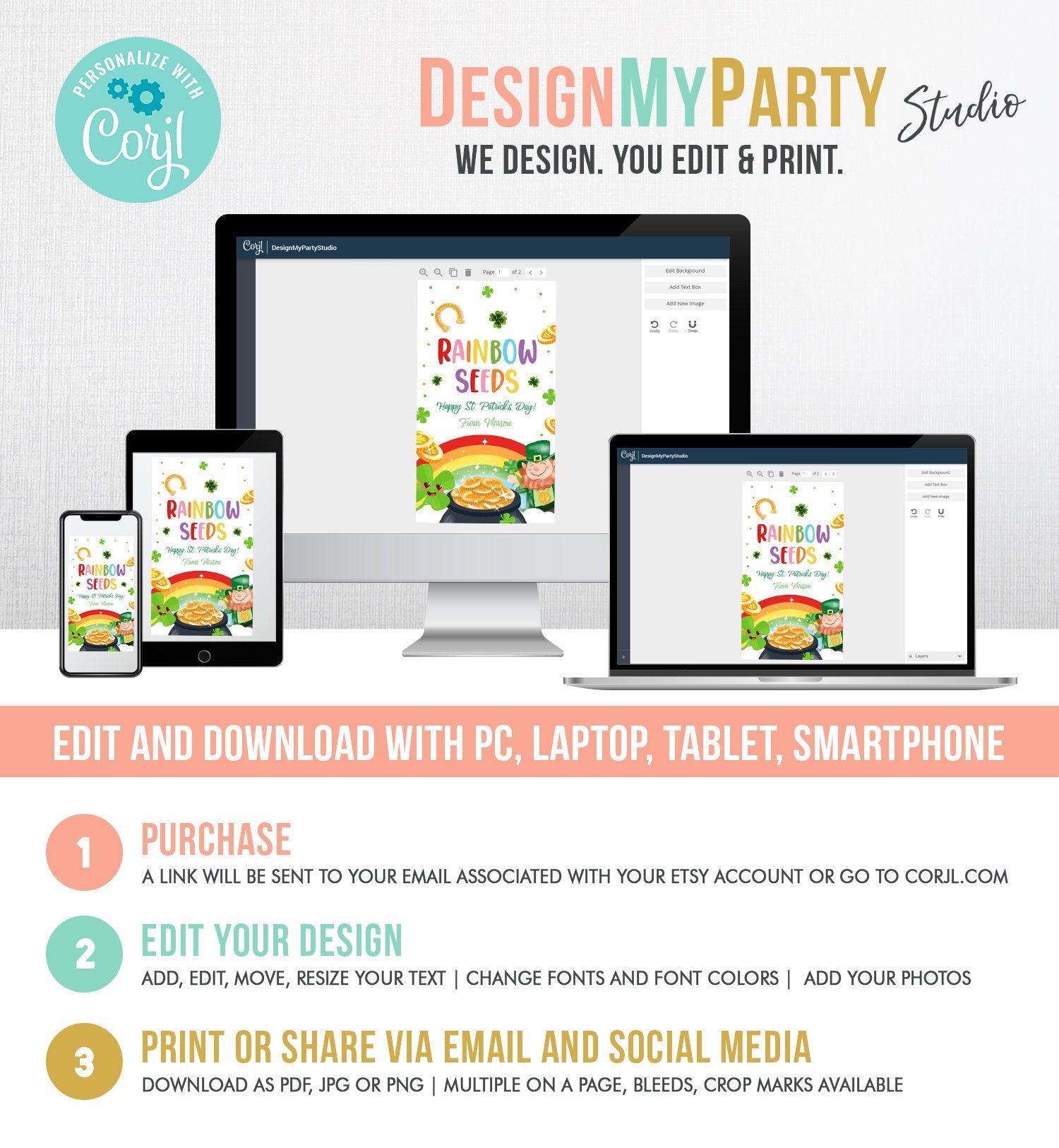 Editable St. Patrick's Day Tag Rainbow Seeds Tag Treat Favor Friend School Classroom Shamrock Teacher Digital Template Printable 0451