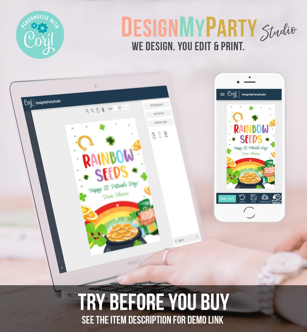 Editable St. Patrick&#39;s Day Tag Rainbow Seeds Tag Treat Favor Friend School Classroom Shamrock Teacher Digital Template Printable 0451