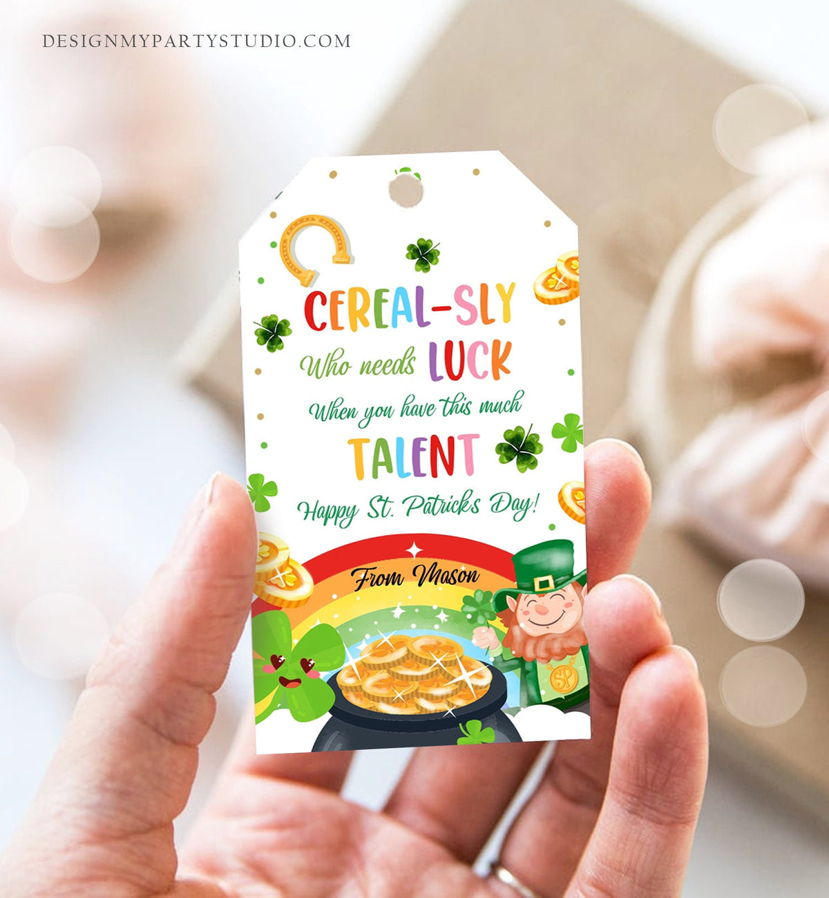 Editable St. Patrick&#39;s Day Tag Cerealsly Lucky Favor Rainbow Favor Tag Coworker Teammate Competition Staff Digital Template Printable 0451