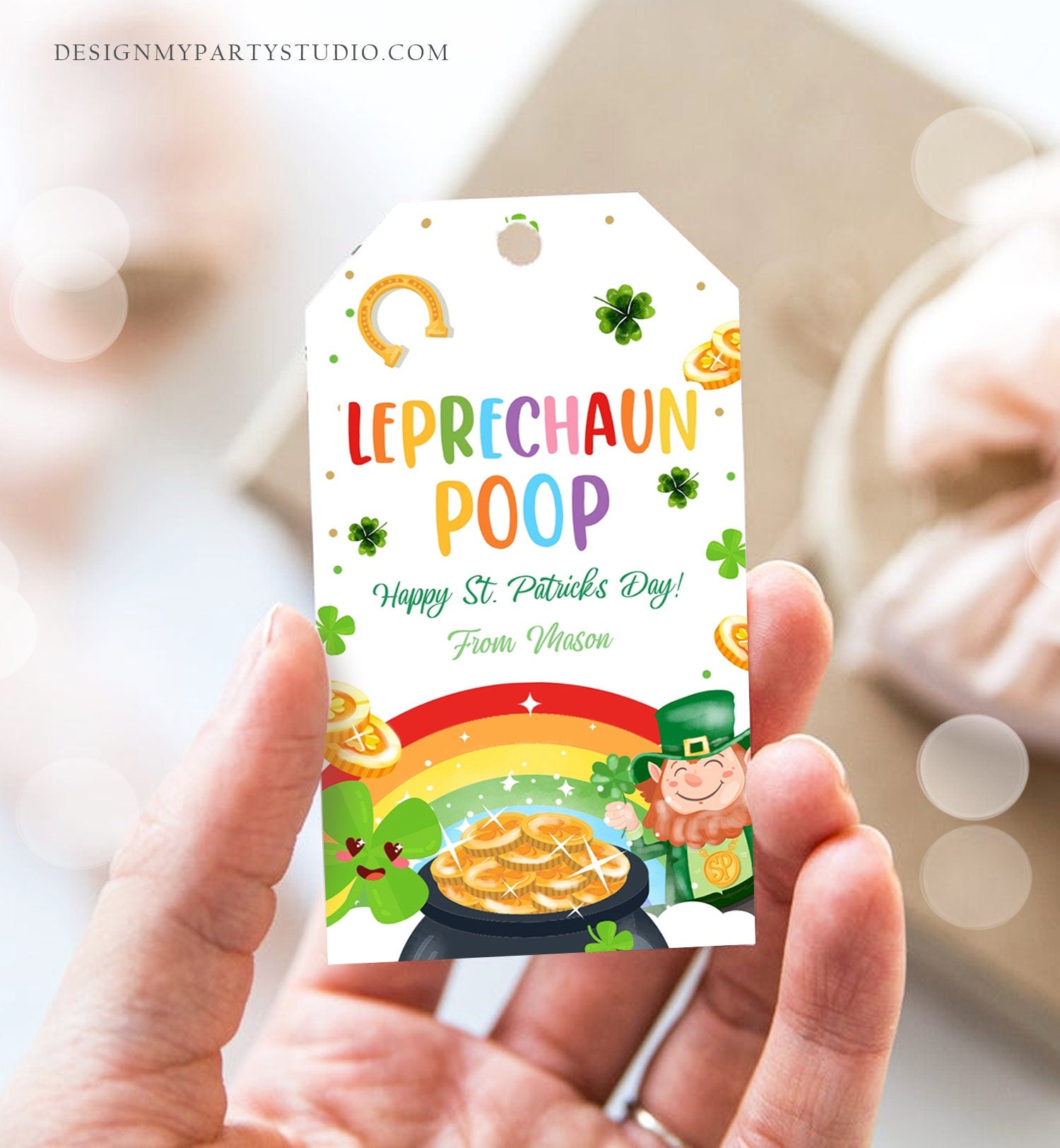 Editable St. Patrick's Day Tag Leprechaun Poop Tag Lucky Teacher School Kids Classroom Rainbow Gold Shamrock Digital Template Corjl 0451