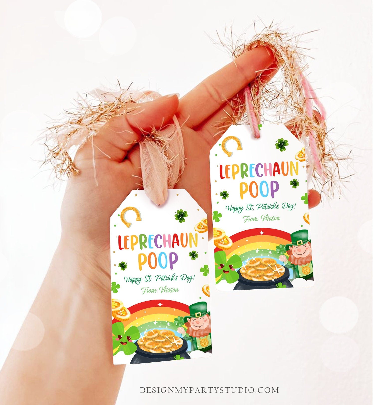 Editable St. Patrick's Day Tag Leprechaun Poop Tag Lucky Teacher School Kids Classroom Rainbow Gold Shamrock Digital Template Corjl 0451