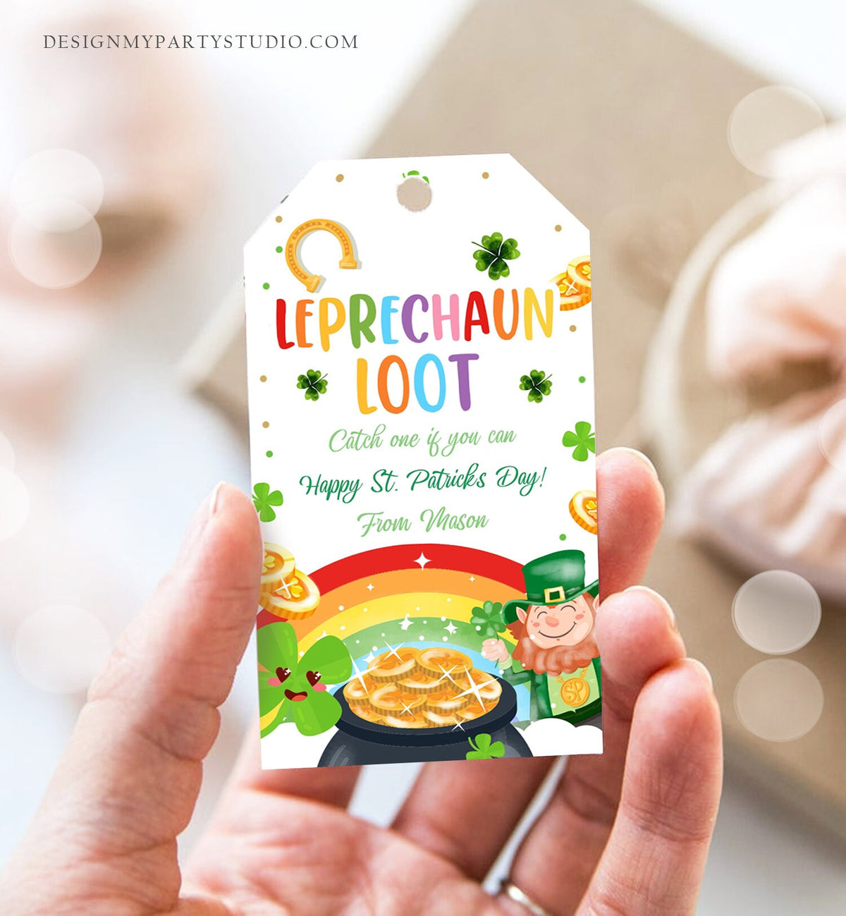 Editable St. Patrick&#39;s Day Tag Leprechaun Loot Tag Lucky Teacher School Kids Classroom Rainbow Gold Shamrock Digital Template Corjl 0451