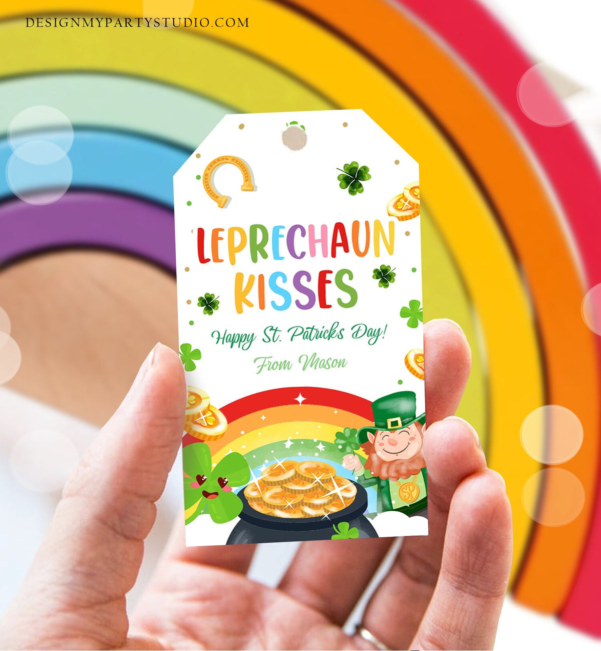 Editable St. Patrick&#39;s Day Tag Leprechaun Kisses Tag Lucky Teacher School Kids Classroom Rainbow Gold Shamrock Digital Template Corjl 0451