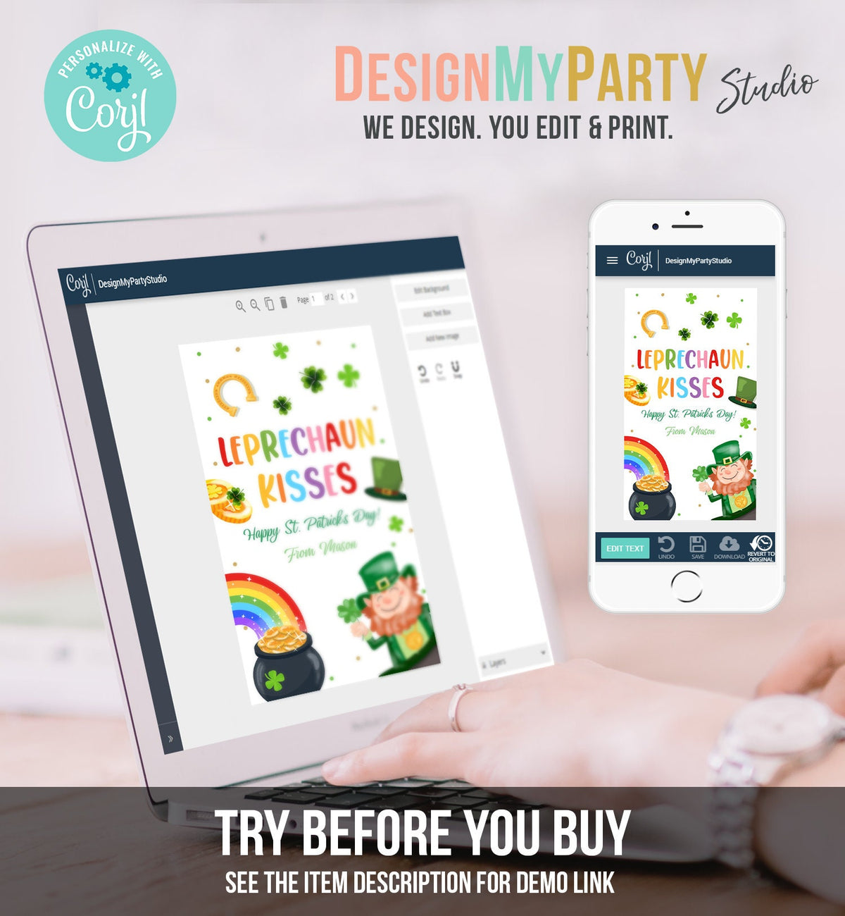 Editable St. Patrick&#39;s Day Tag Leprechaun Kisses Tag Lucky Teacher School Kids Classroom Rainbow Gold Shamrock Digital Template Corjl 0451