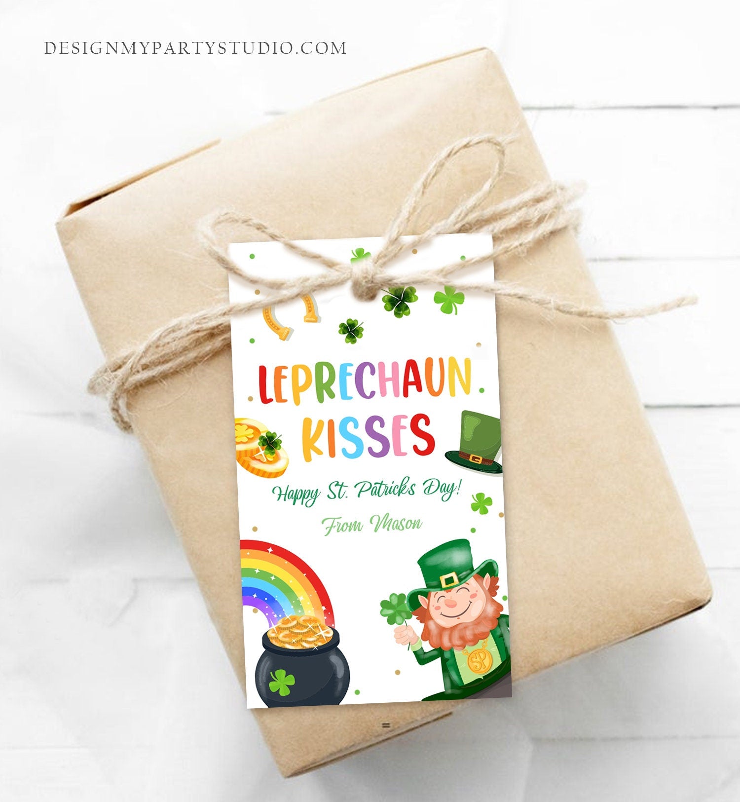 Editable St. Patrick's Day Tag Leprechaun Kisses Tag Lucky Teacher School Kids Classroom Rainbow Gold Shamrock Digital Template Corjl 0451