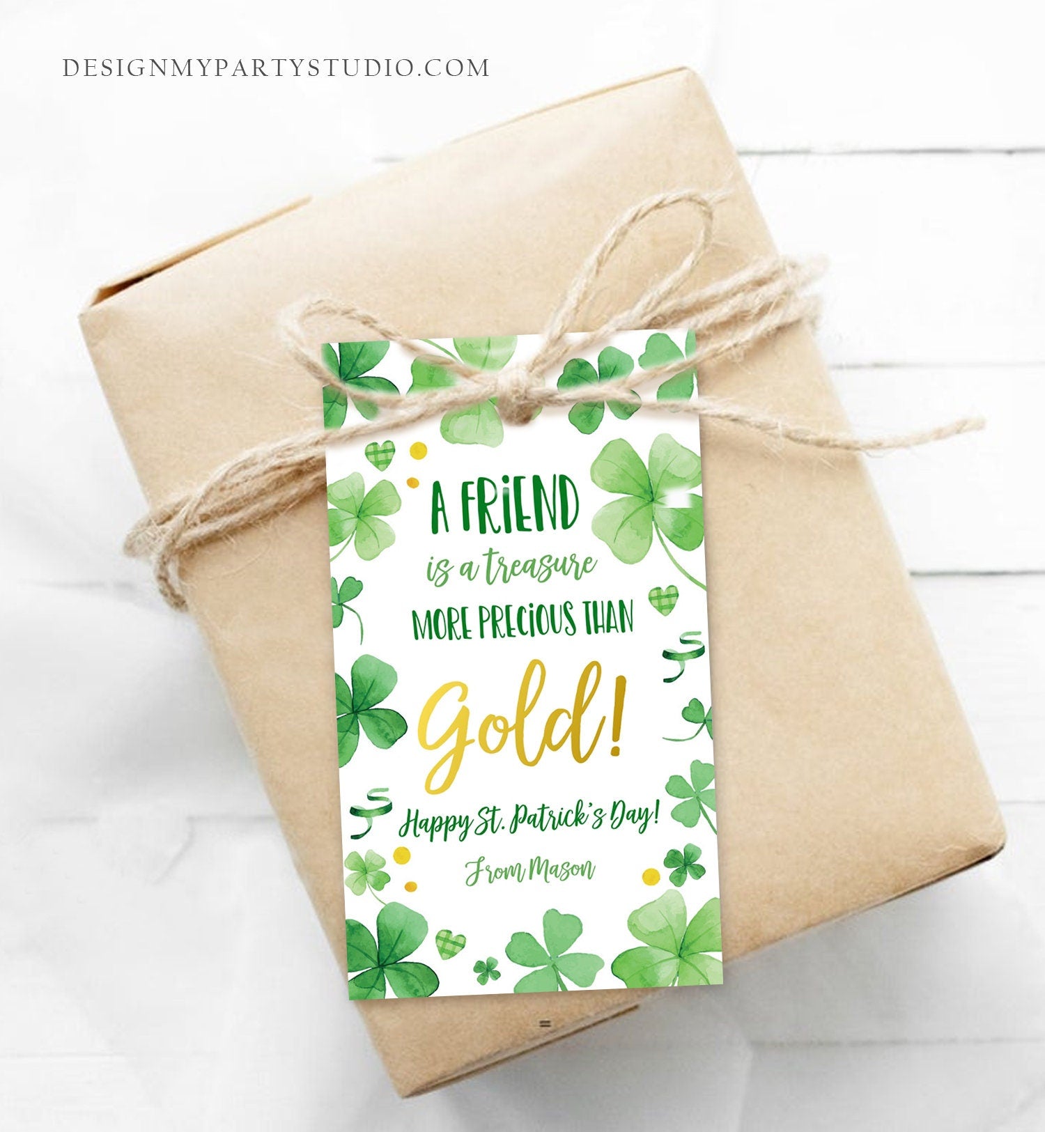 Editable St. Patrick's Day Tag A Friend Is A Treasure More Precious Than Gold School Gift Classmate Teammate Digital Template Printable 0451