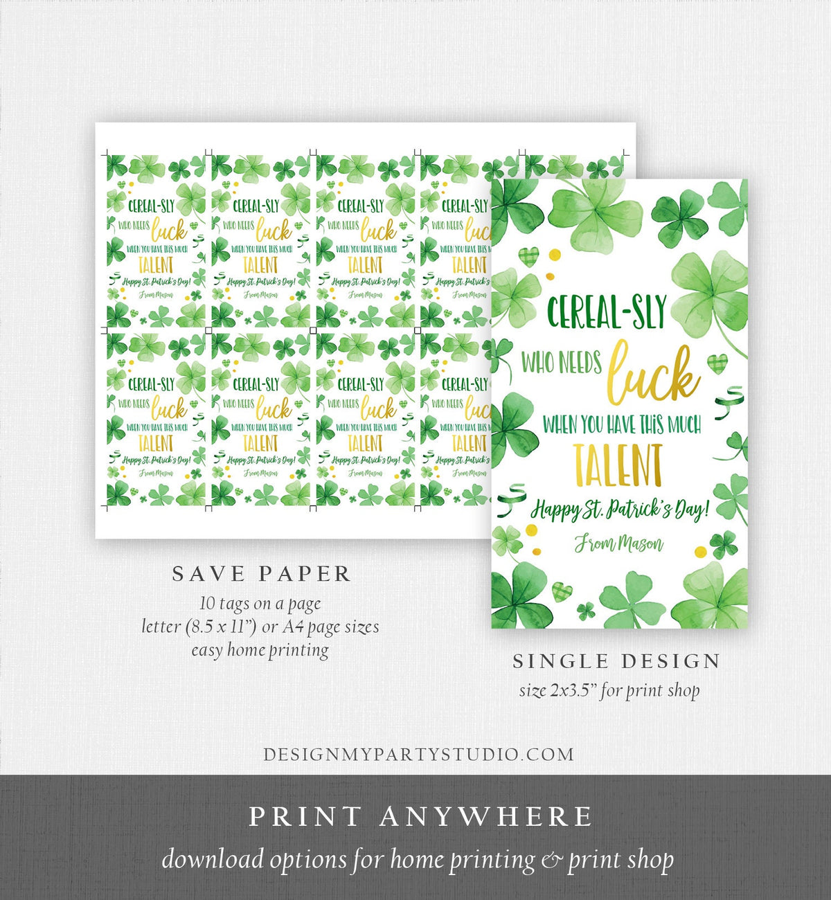 Editable St. Patrick&#39;s Day Tag Cerealsly Lucky Tag Rainbow Favor Tag Coworker Teammate Appreciation Competition Staff Template Corjl 0451