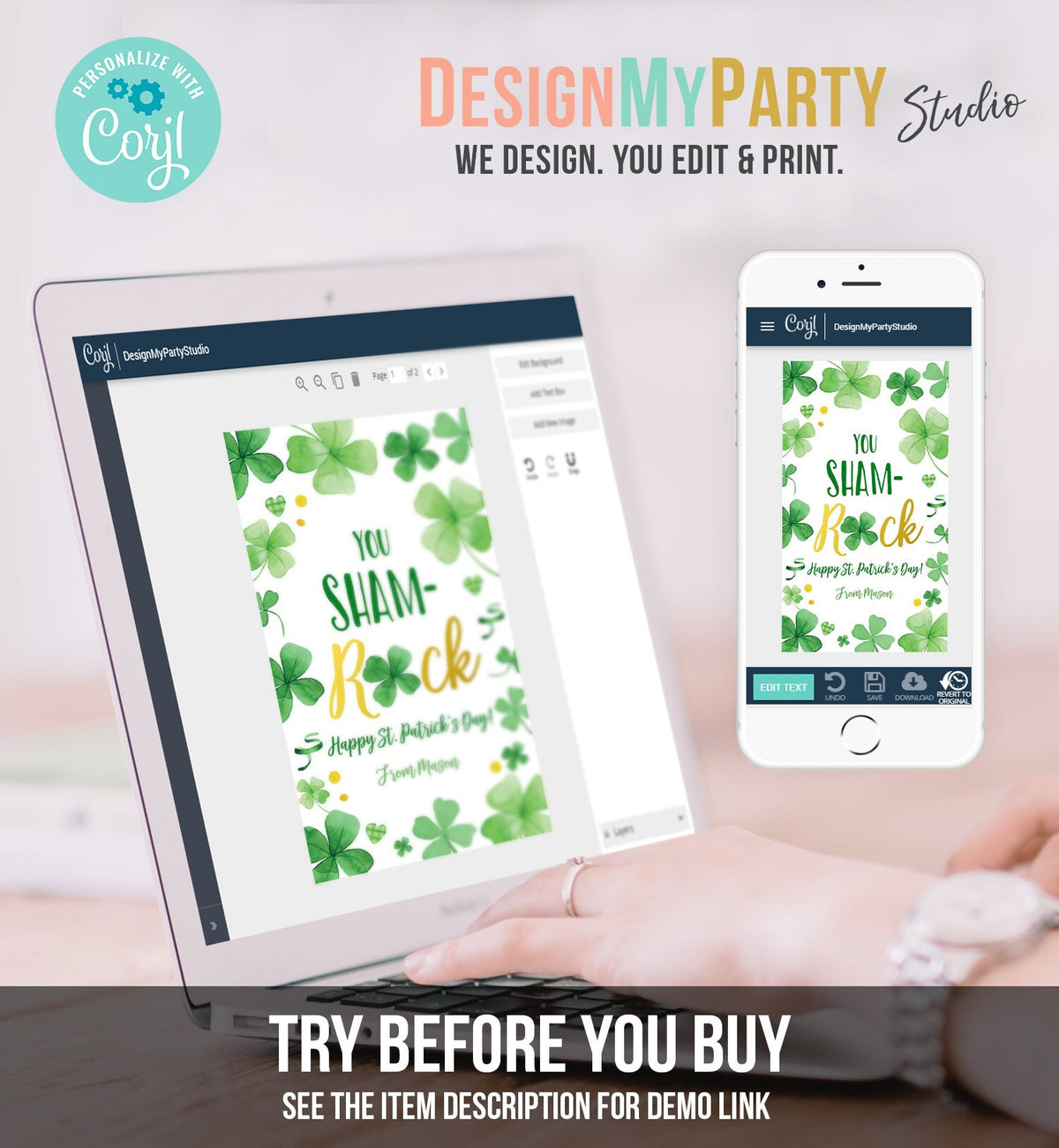 Editable St. Patrick&#39;s Day Tag You ShamROCK You Sham-rock Gift School Classroom Gift Coworker Neighbor Teacher Clovers Template Corjl 0451