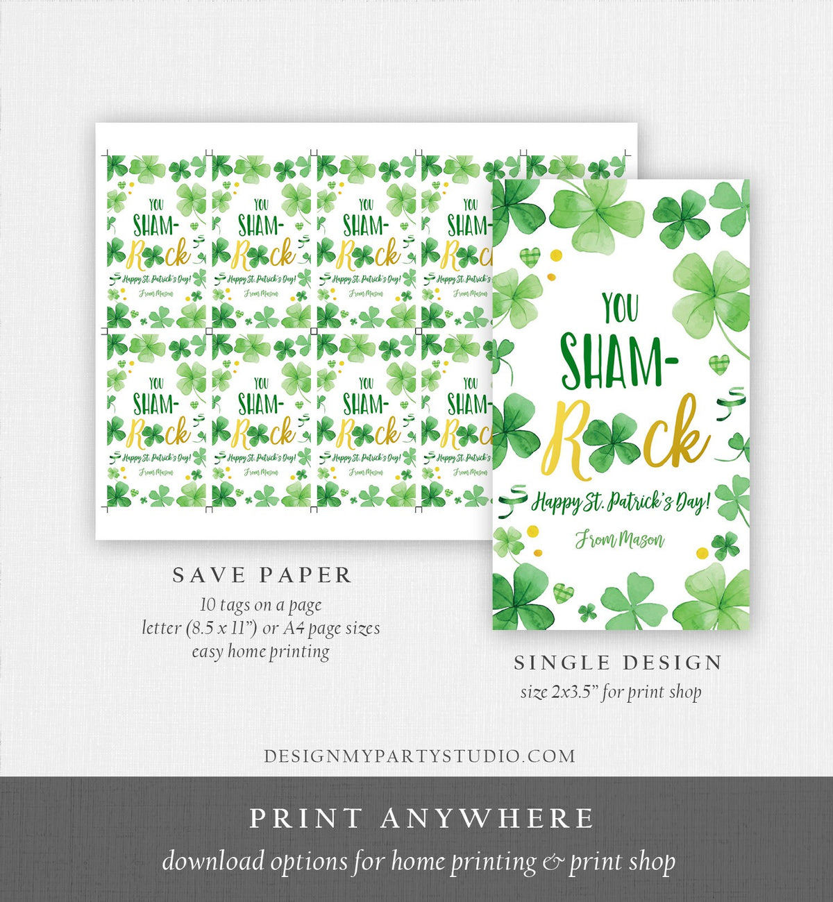 Editable St. Patrick&#39;s Day Tag You ShamROCK You Sham-rock Gift School Classroom Gift Coworker Neighbor Teacher Clovers Template Corjl 0451