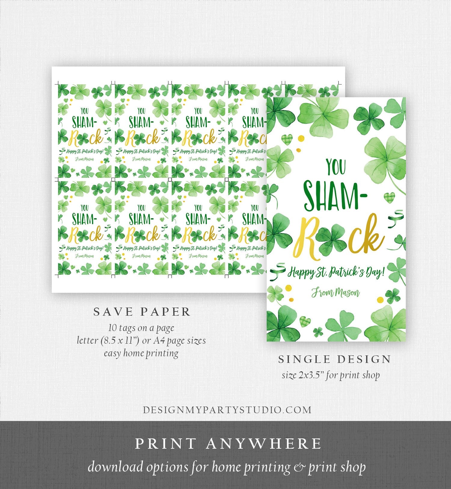 Editable St. Patrick's Day Tag You ShamROCK You Sham-rock Gift School Classroom Gift Coworker Neighbor Teacher Clovers Template Corjl 0451