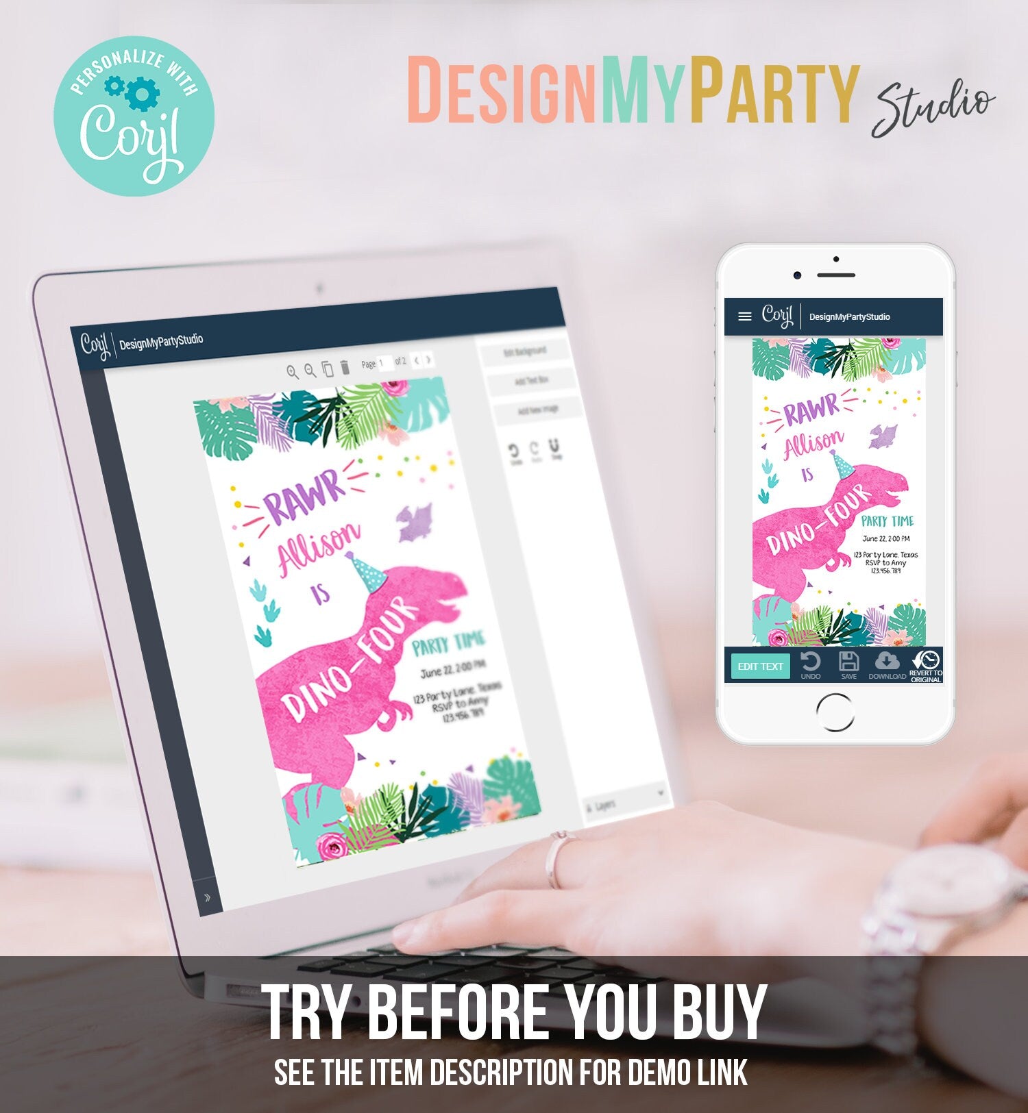 Editable Dino-Four Dinosaur Birthday Evite Dino T-Rex 4th Invitation Fourth Girl Pink Prehistoric Phone Digital Download Template 0423