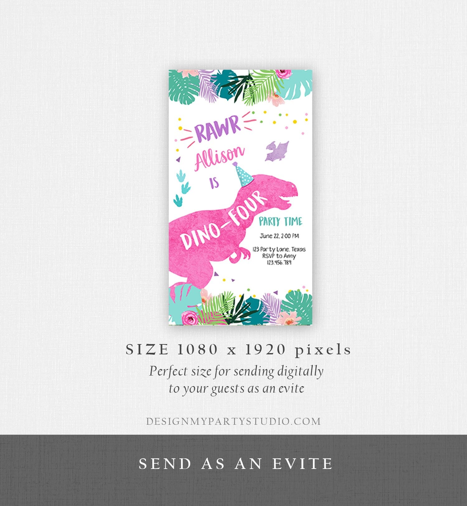 Editable Dino-Four Dinosaur Birthday Evite Dino T-Rex 4th Invitation Fourth Girl Pink Prehistoric Phone Digital Download Template 0423