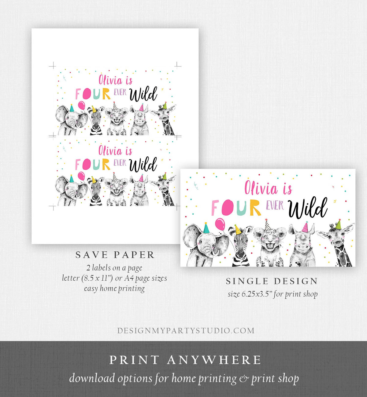 Editable Party Animals Gable Box Label Safari Animals 4th Birthday Gift Box Labels Four Ever Wild Girl Download Digital Printable 0390