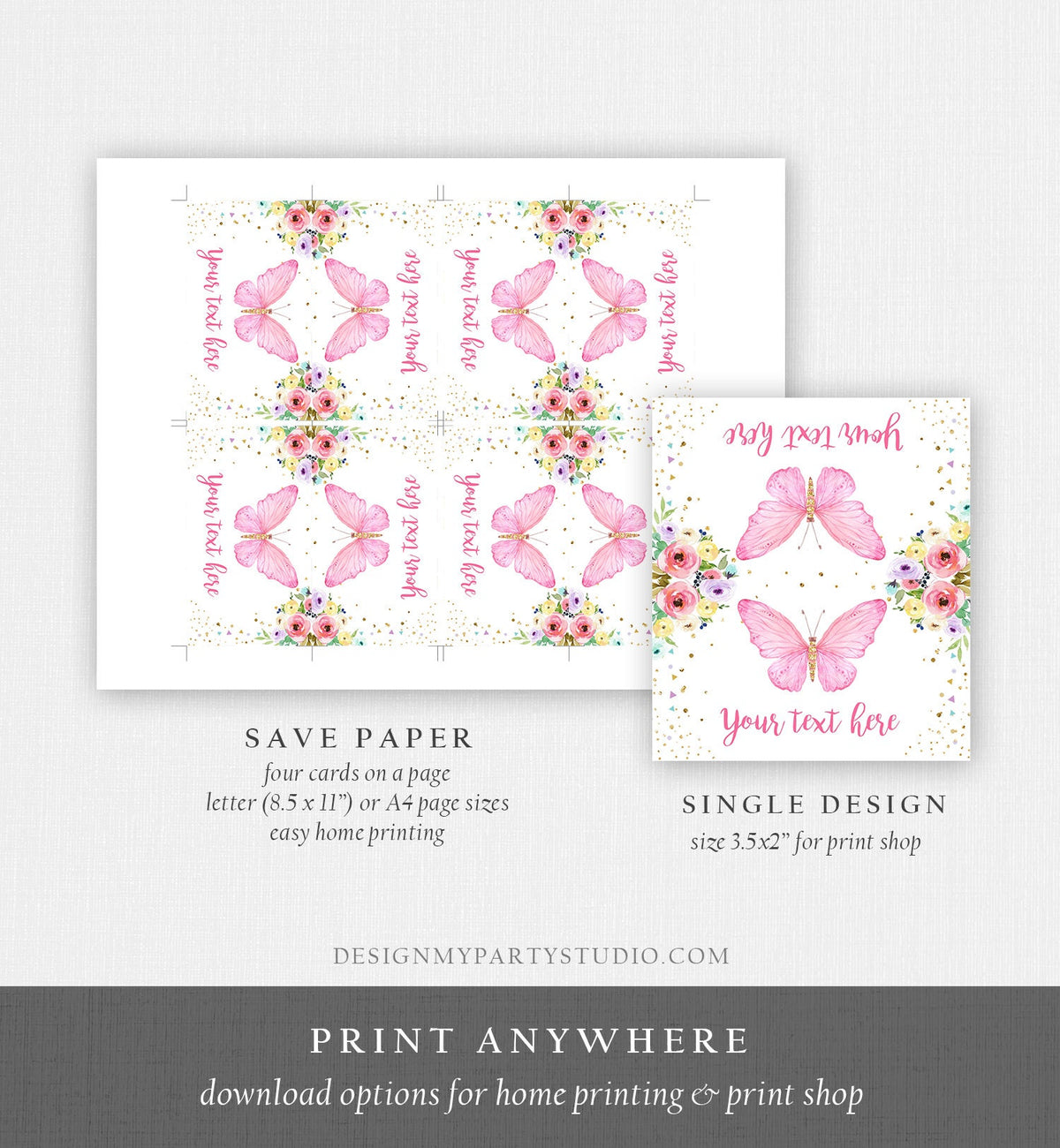 Editable Butterfly Birthday Food Label Floral Butterfly Food Cards Tent Card Girl Pink Gold Buffet Label Whimsical Template Digital 0162