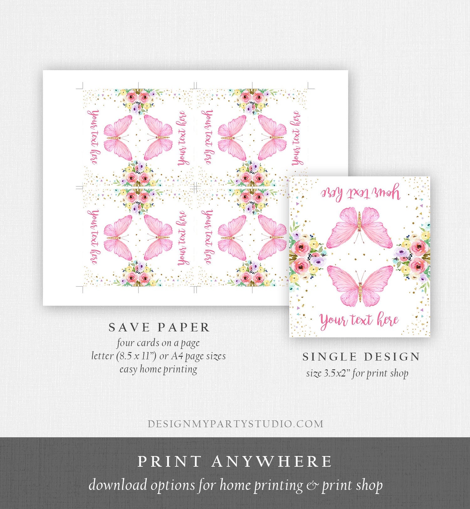 Editable Butterfly Birthday Food Label Floral Butterfly Food Cards Tent Card Girl Pink Gold Buffet Label Whimsical Template Digital 0162