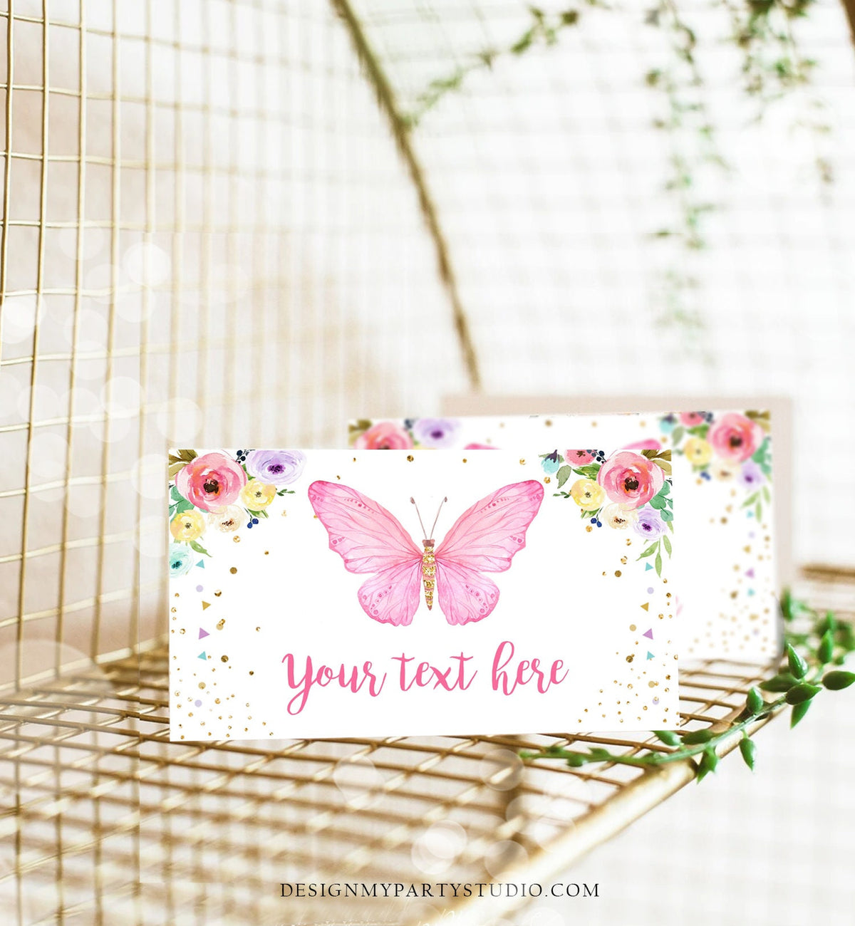 Editable Butterfly Birthday Food Label Floral Butterfly Food Cards Tent Card Girl Pink Gold Buffet Label Whimsical Template Digital 0162