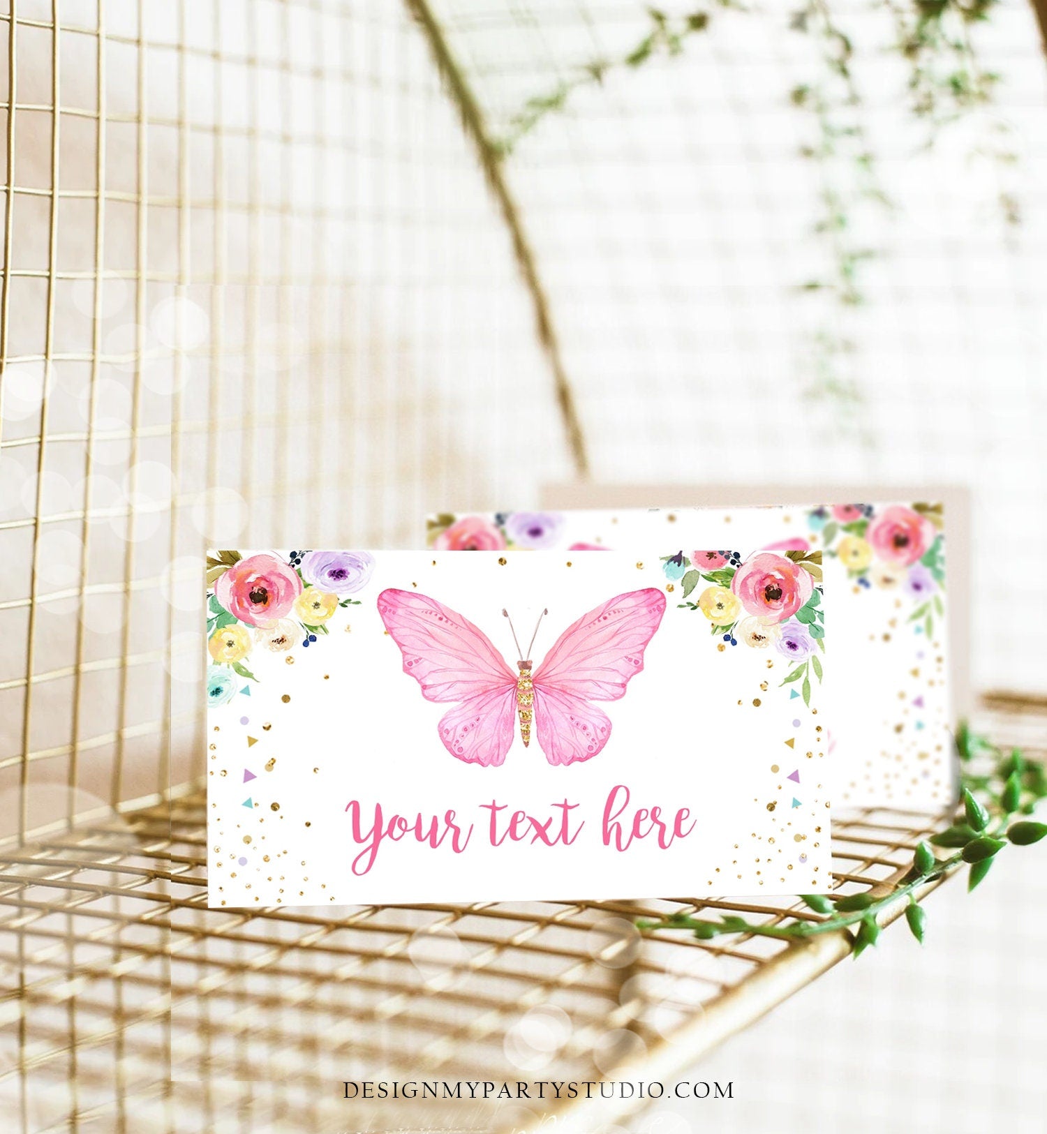 Editable Butterfly Birthday Food Label Floral Butterfly Food Cards Tent Card Girl Pink Gold Buffet Label Whimsical Template Digital 0162