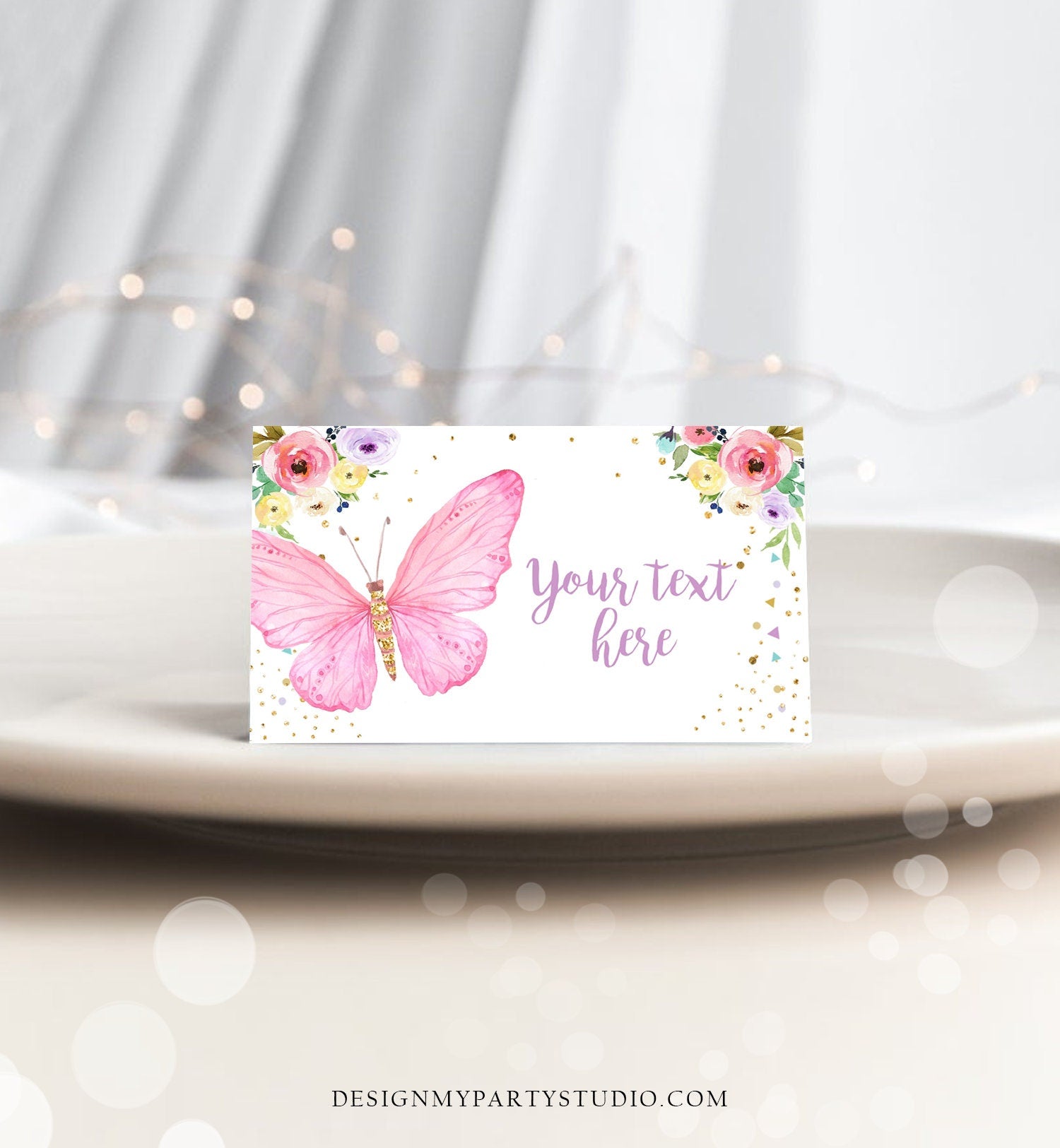 Editable Butterfly Food Labels Floral Butterfly Birthday Food Cards Tent Card Girl Pink Gold Buffet Label Tent Card Template Printable 0162