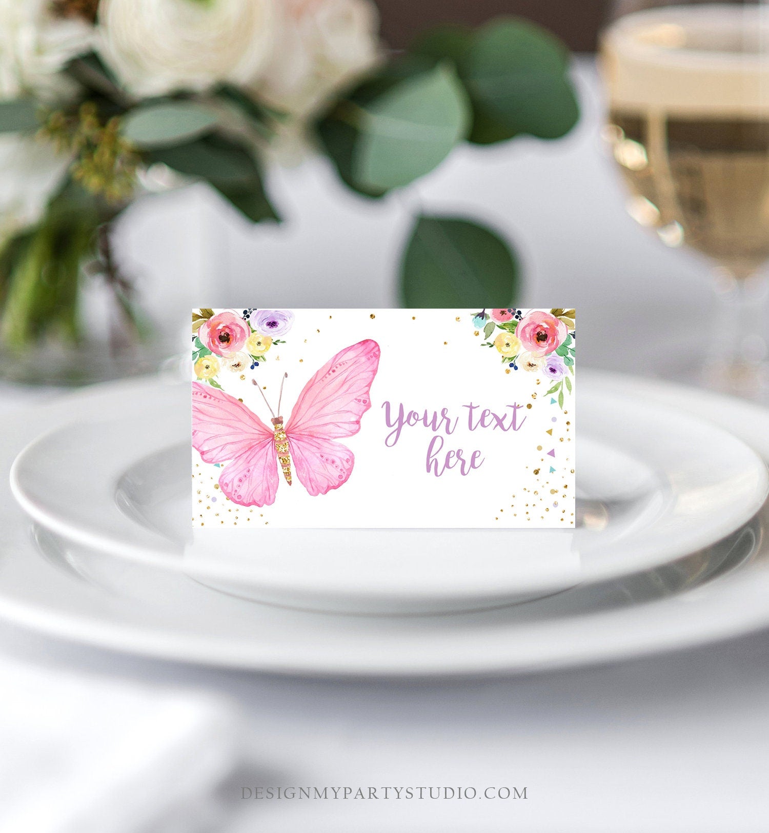 Editable Butterfly Food Labels Floral Butterfly Birthday Food Cards Tent Card Girl Pink Gold Buffet Label Tent Card Template Printable 0162