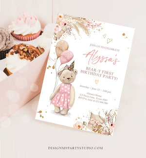 Editable Cute Teddy Bear 1st Birthday Invitation Girl Boho Teddy Bear Picnic Summer Beary First One Printable Digital Corjl Template 0421