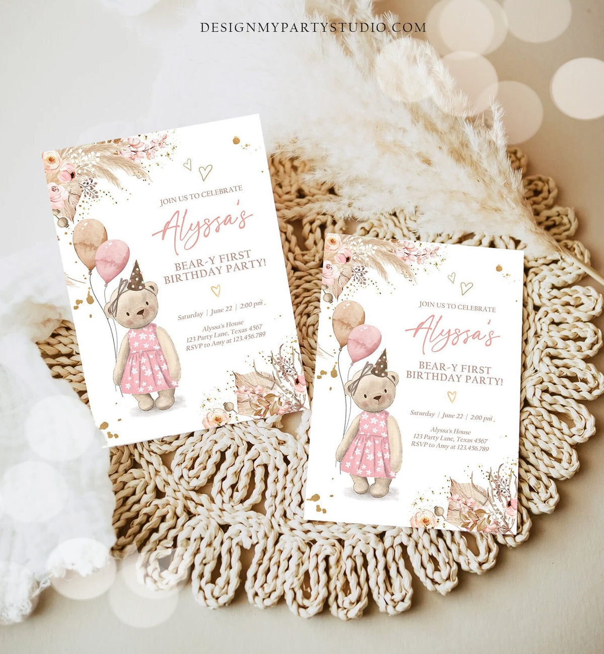 Editable Cute Teddy Bear 1st Birthday Invitation Girl Boho Teddy Bear Picnic Summer Beary First One Printable Digital Corjl Template 0421