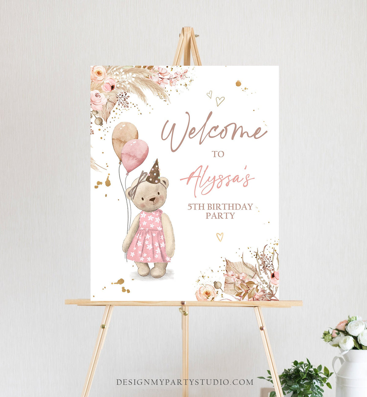 Editable Boho Teddy Bear Birthday Welcome Sign Bear Girl Bear-y First Teddy Picnic Pink Boho Rustic Bear Digital Template Printable 0421