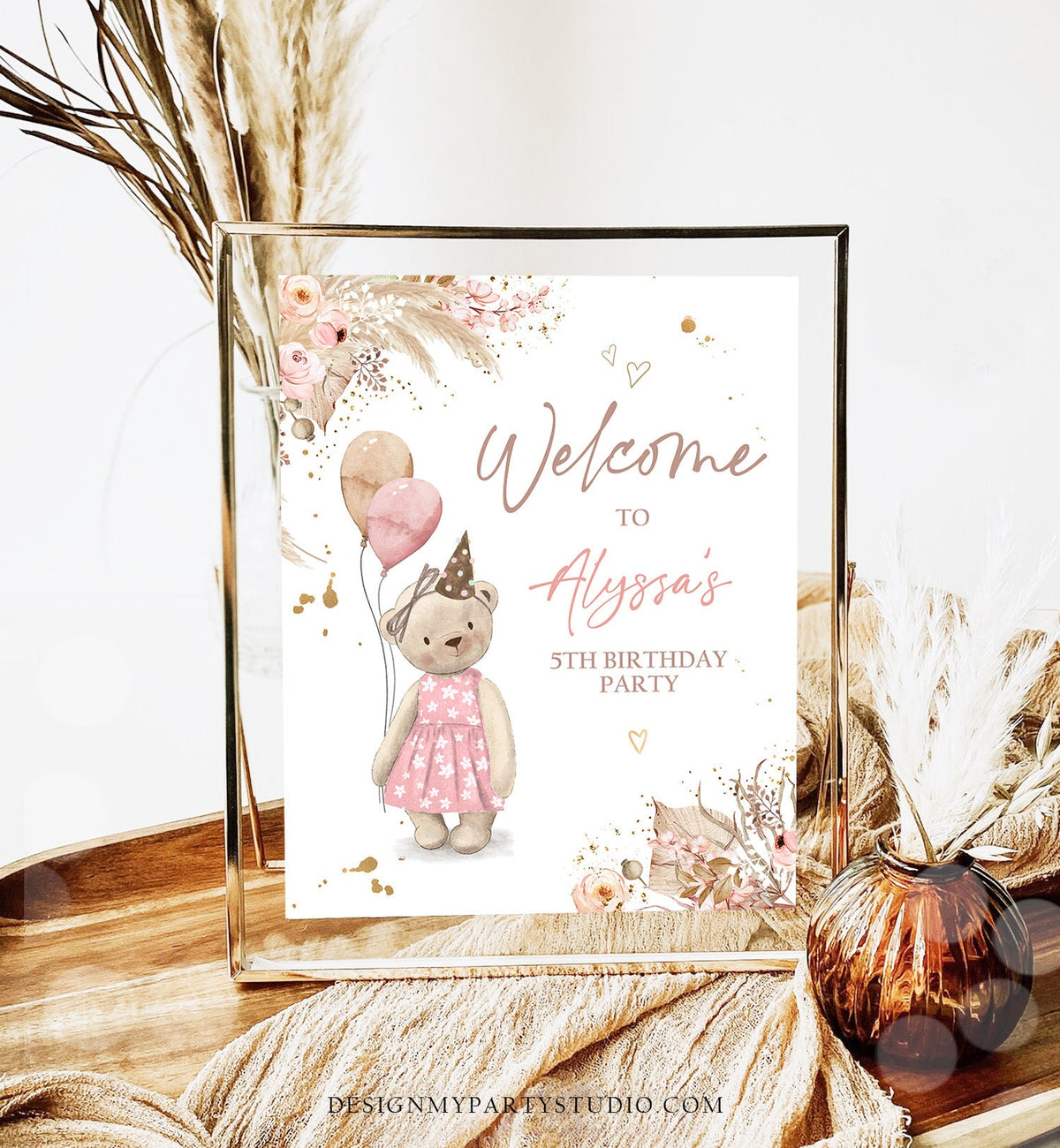 Editable Boho Teddy Bear Birthday Welcome Sign Bear Girl Bear-y First Teddy Picnic Pink Boho Rustic Bear Digital Template Printable 0421