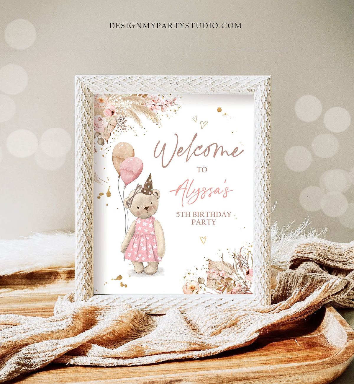 Editable Boho Teddy Bear Birthday Welcome Sign Bear Girl Bear-y First Teddy Picnic Pink Boho Rustic Bear Digital Template Printable 0421